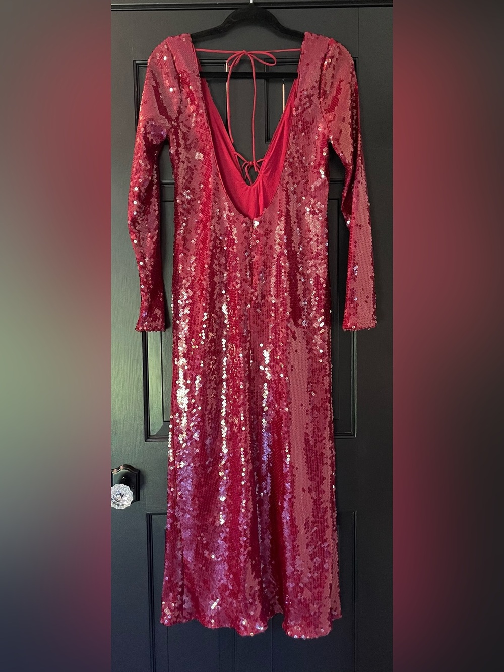 Bardot Rose Red Sequin Long-Sleeve V-Neck Gown - Picture 2 of 6